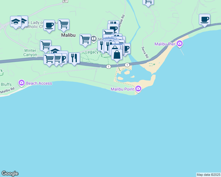 map of restaurants, bars, coffee shops, grocery stores, and more near 23456 Malibu Colony Road in Malibu