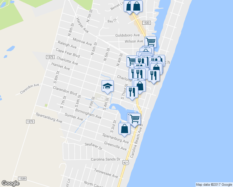 map of restaurants, bars, coffee shops, grocery stores, and more near 309 Fayetteville Avenue in Carolina Beach