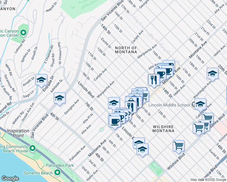 map of restaurants, bars, coffee shops, grocery stores, and more near 525 10th Street in Santa Monica