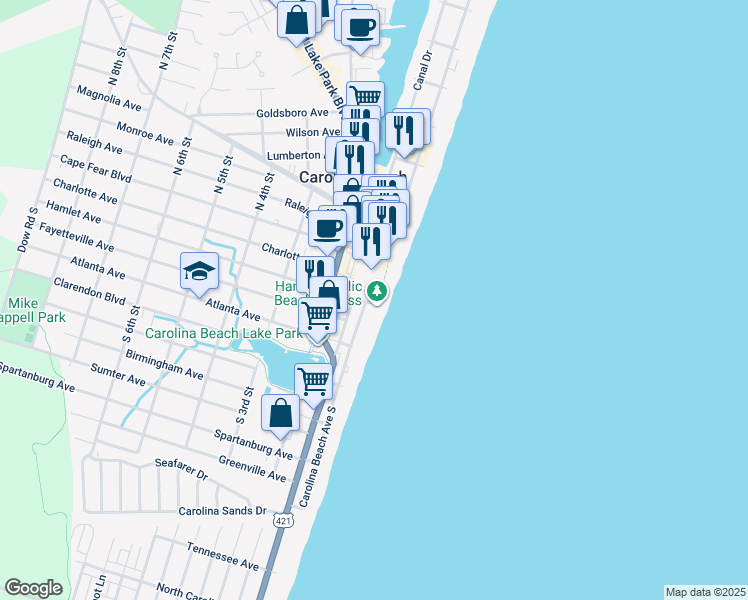 map of restaurants, bars, coffee shops, grocery stores, and more near 115 Carolina Beach Avenue South in Carolina Beach