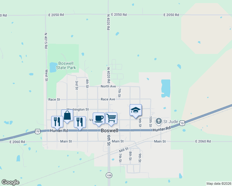 map of restaurants, bars, coffee shops, grocery stores, and more near 821N 7th Street in Boswell