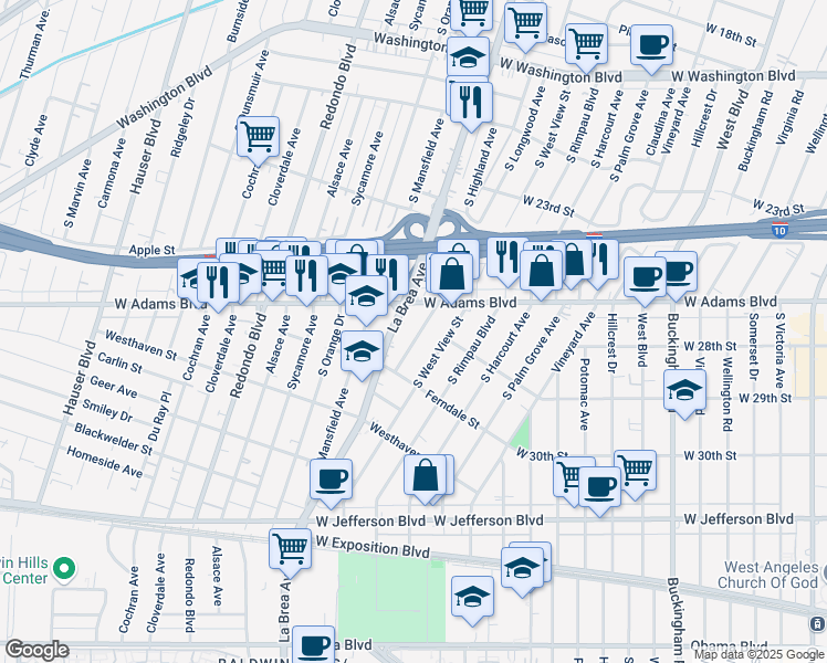 map of restaurants, bars, coffee shops, grocery stores, and more near 2622 South Longwood Avenue in Los Angeles
