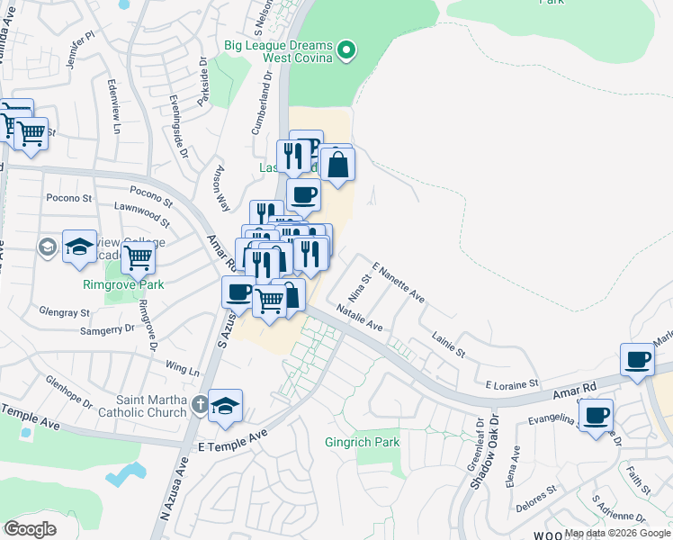 map of restaurants, bars, coffee shops, grocery stores, and more near 2425 South Nadine Street in West Covina