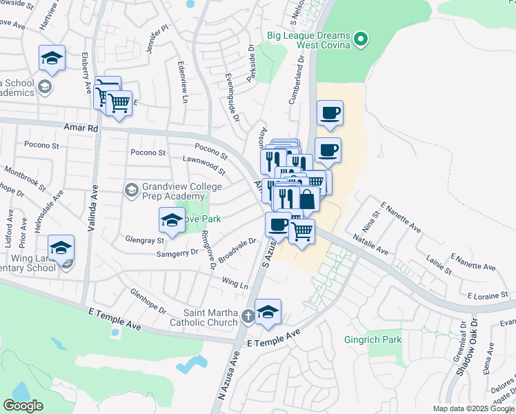 map of restaurants, bars, coffee shops, grocery stores, and more near 17138 Witzman Drive in La Puente