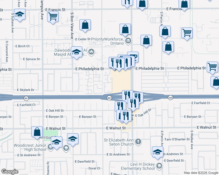 map of restaurants, bars, coffee shops, grocery stores, and more near 1110 East Philadelphia Street in Ontario
