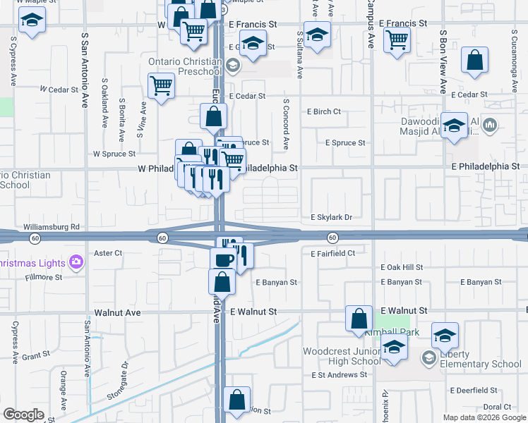 map of restaurants, bars, coffee shops, grocery stores, and more near Unnamed Road in Ontario