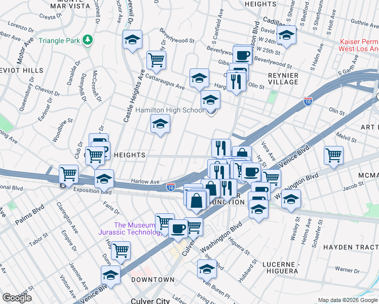 map of restaurants, bars, coffee shops, grocery stores, and more near 3147 South Durango Avenue in Los Angeles