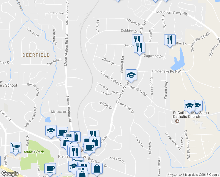 map of restaurants, bars, coffee shops, grocery stores, and more near 2012 Jebs Court in Kennesaw