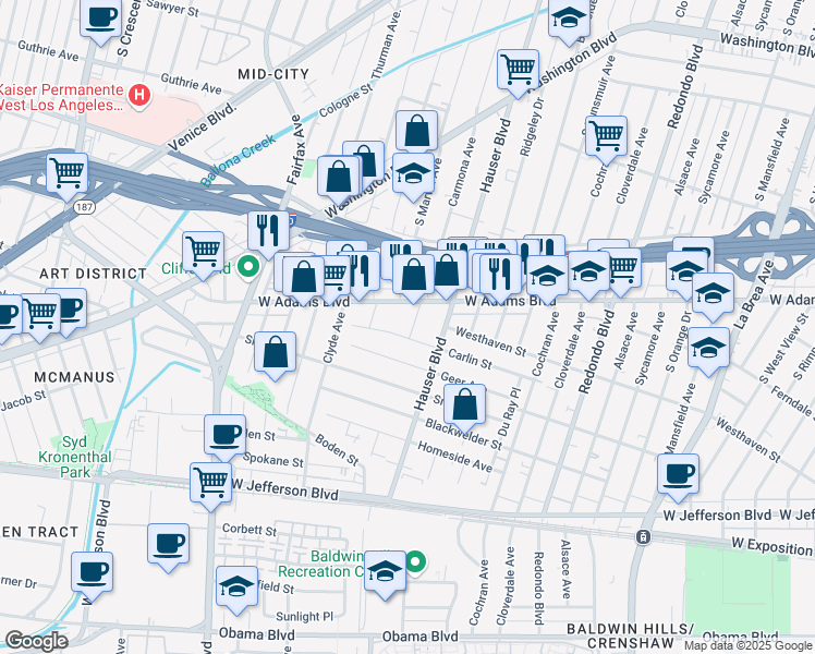 map of restaurants, bars, coffee shops, grocery stores, and more near 2635 Carmona Avenue in Los Angeles