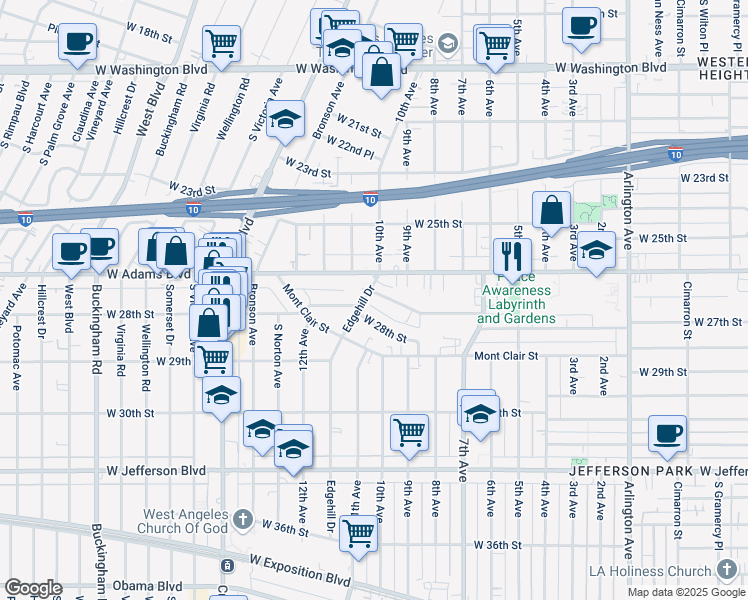 map of restaurants, bars, coffee shops, grocery stores, and more near 3960 West 27th Street in Los Angeles