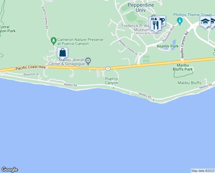map of restaurants, bars, coffee shops, grocery stores, and more near 24742 Malibu Road in Malibu