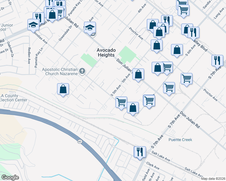 map of restaurants, bars, coffee shops, grocery stores, and more near 631 South 5th Avenue in La Puente
