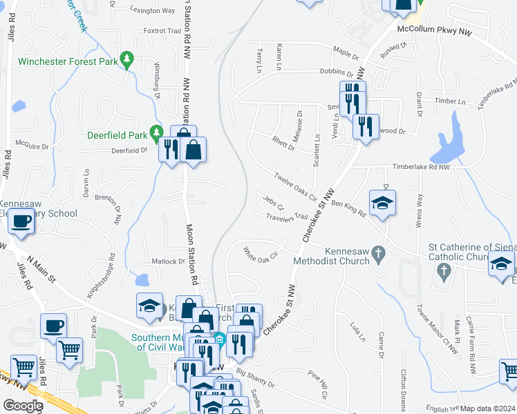 map of restaurants, bars, coffee shops, grocery stores, and more near 1062 Travelers Trail in Kennesaw