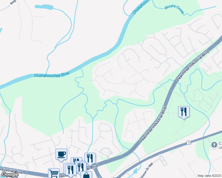 map of restaurants, bars, coffee shops, grocery stores, and more near 2130 Woods River Lane in Duluth
