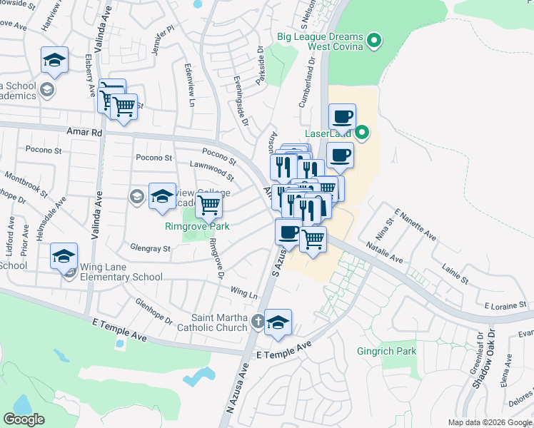 map of restaurants, bars, coffee shops, grocery stores, and more near 17138 Witzman Drive in La Puente