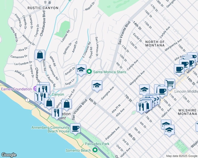 map of restaurants, bars, coffee shops, grocery stores, and more near 605 San Vicente Boulevard in Santa Monica