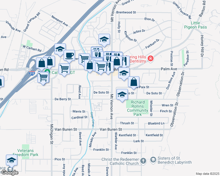 map of restaurants, bars, coffee shops, grocery stores, and more near 12168 Mount Vernon Avenue in Grand Terrace