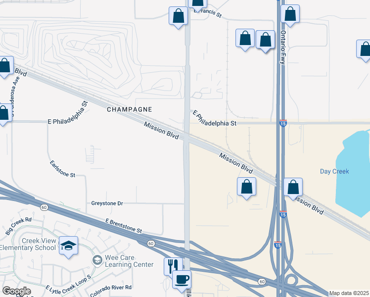 map of restaurants, bars, coffee shops, grocery stores, and more near 5000 Milliken Avenue in Ontario
