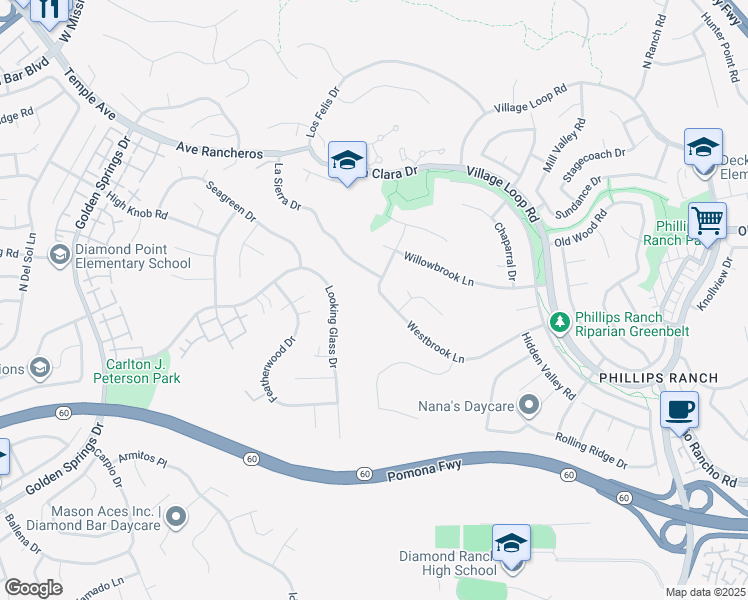 map of restaurants, bars, coffee shops, grocery stores, and more near 68 Westbrook Lane in Pomona