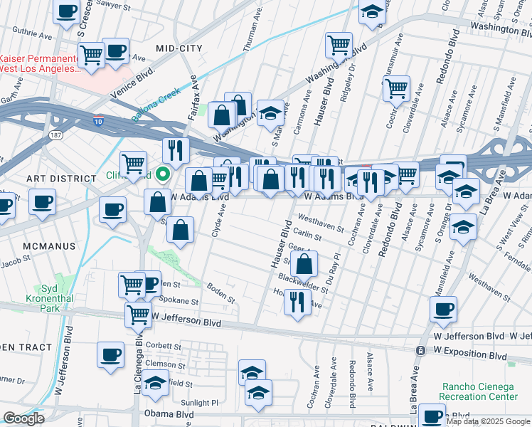 map of restaurants, bars, coffee shops, grocery stores, and more near 2635 Carmona Avenue in Los Angeles