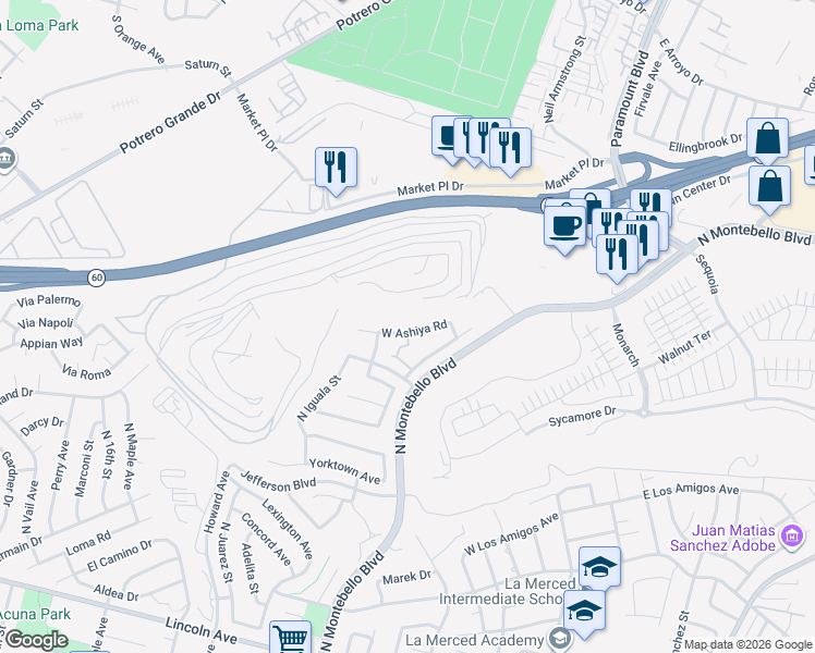 map of restaurants, bars, coffee shops, grocery stores, and more near 872 West Ashiya Road in Montebello
