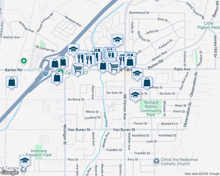 map of restaurants, bars, coffee shops, grocery stores, and more near 12168 Mount Vernon Avenue in Grand Terrace