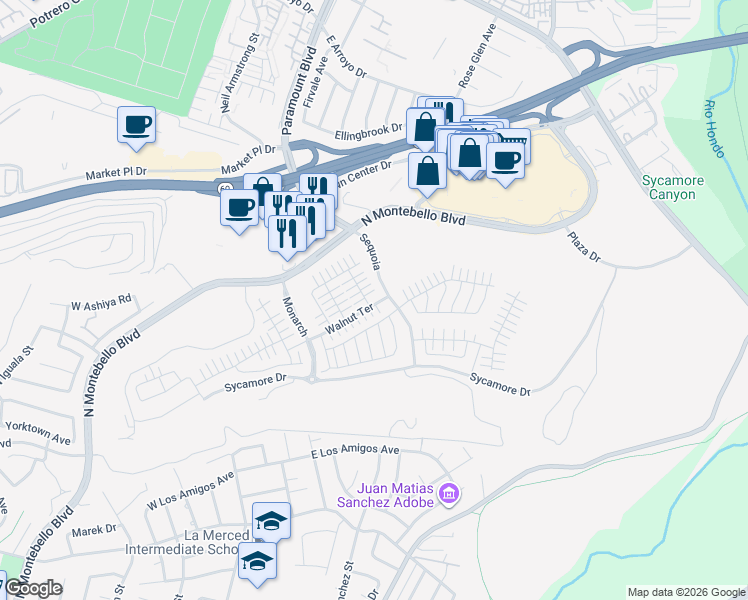 map of restaurants, bars, coffee shops, grocery stores, and more near 638 Snowberry Place in Montebello