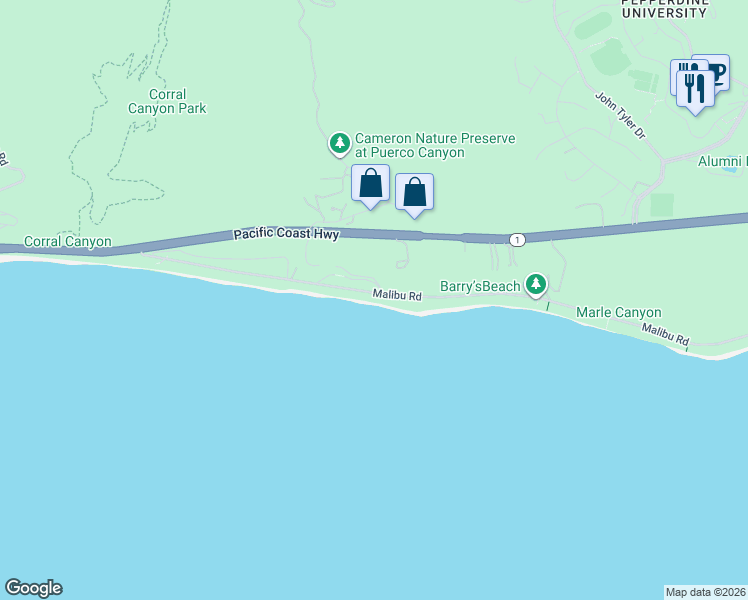map of restaurants, bars, coffee shops, grocery stores, and more near 25102 Malibu Road in Malibu