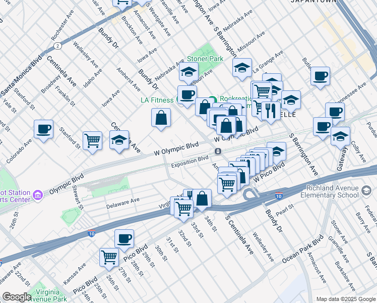 map of restaurants, bars, coffee shops, grocery stores, and more near 12200 West Olympic Boulevard in Los Angeles