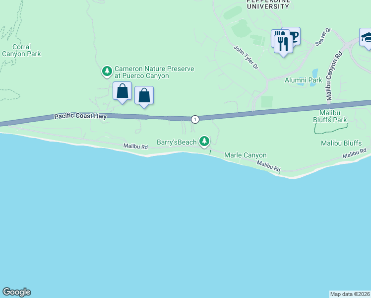 map of restaurants, bars, coffee shops, grocery stores, and more near 24818 Malibu Road in Malibu