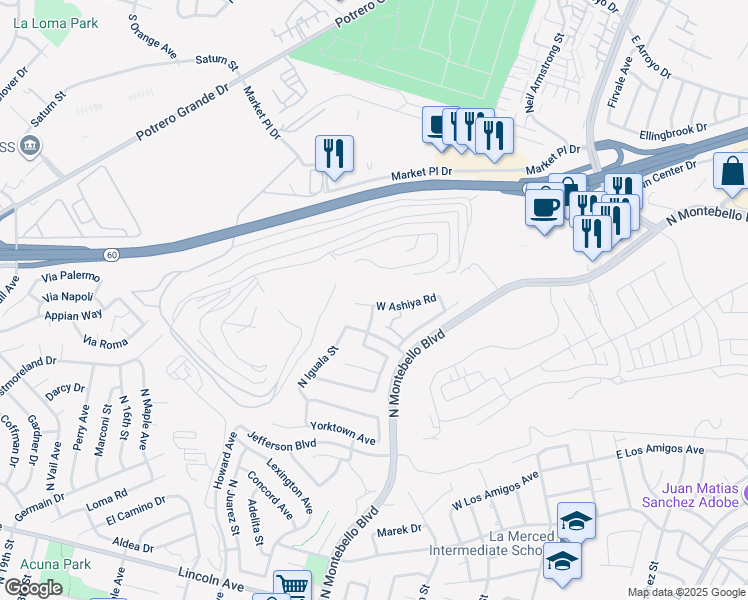 map of restaurants, bars, coffee shops, grocery stores, and more near 908 West Ashiya Road in Montebello