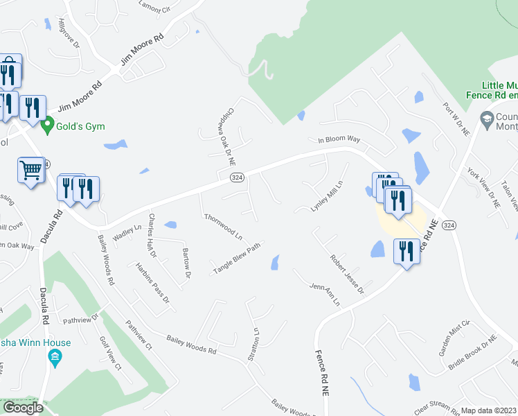 map of restaurants, bars, coffee shops, grocery stores, and more near 1069 Thornwood Drive in Dacula