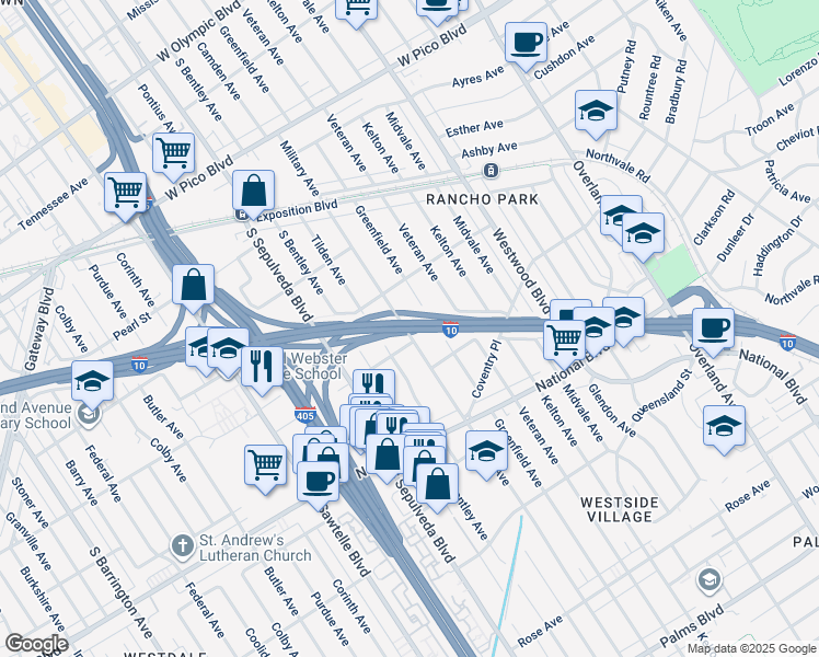 map of restaurants, bars, coffee shops, grocery stores, and more near Christopher Columbus Transcontinental Highway in Los Angeles