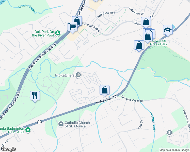 map of restaurants, bars, coffee shops, grocery stores, and more near 1526 Baxley Pine Trace in Suwanee
