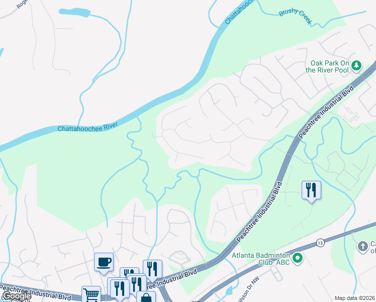 map of restaurants, bars, coffee shops, grocery stores, and more near 1960 Woods River Lane in Duluth
