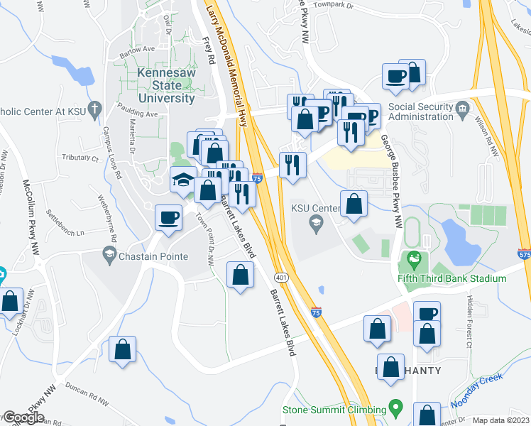 map of restaurants, bars, coffee shops, grocery stores, and more near Larry McDonald Memorial Highway in Kennesaw