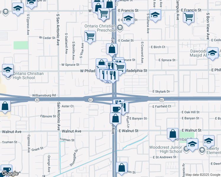 map of restaurants, bars, coffee shops, grocery stores, and more near 2343 South Via Veranda in Ontario