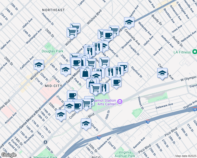 map of restaurants, bars, coffee shops, grocery stores, and more near 1524 Princeton Street in Santa Monica