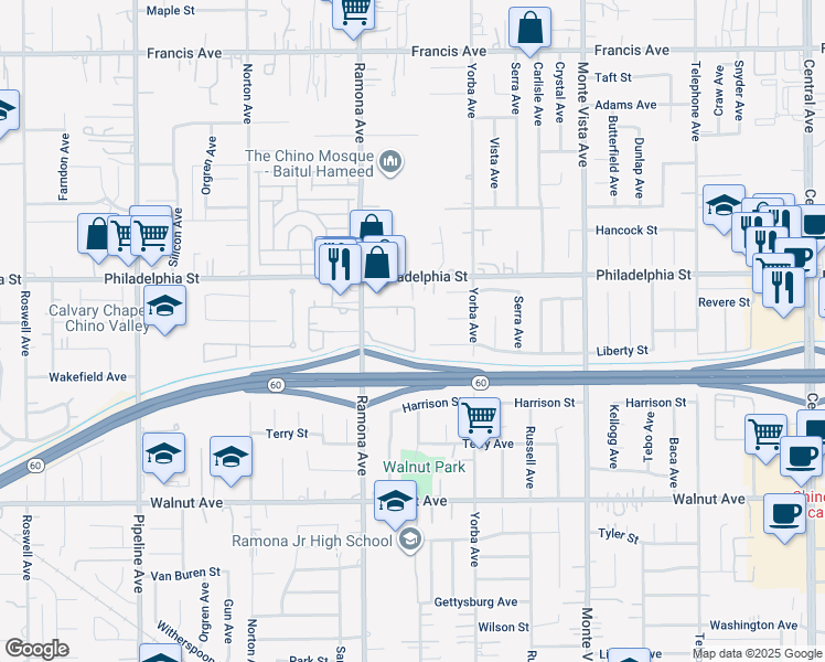 map of restaurants, bars, coffee shops, grocery stores, and more near 12175 Ramona Avenue in Chino