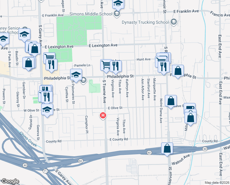 map of restaurants, bars, coffee shops, grocery stores, and more near 2185 Virginia Avenue in Pomona