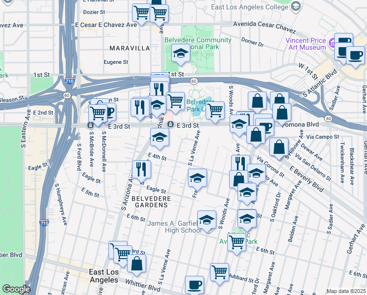map of restaurants, bars, coffee shops, grocery stores, and more near 4924 Gratian Street in East Los Angeles