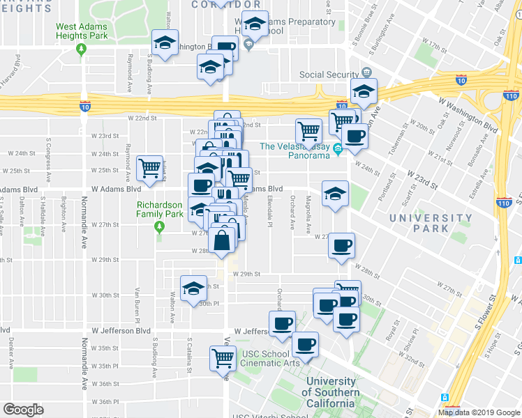 map of restaurants, bars, coffee shops, grocery stores, and more near 2620 Menlo Avenue in Los Angeles