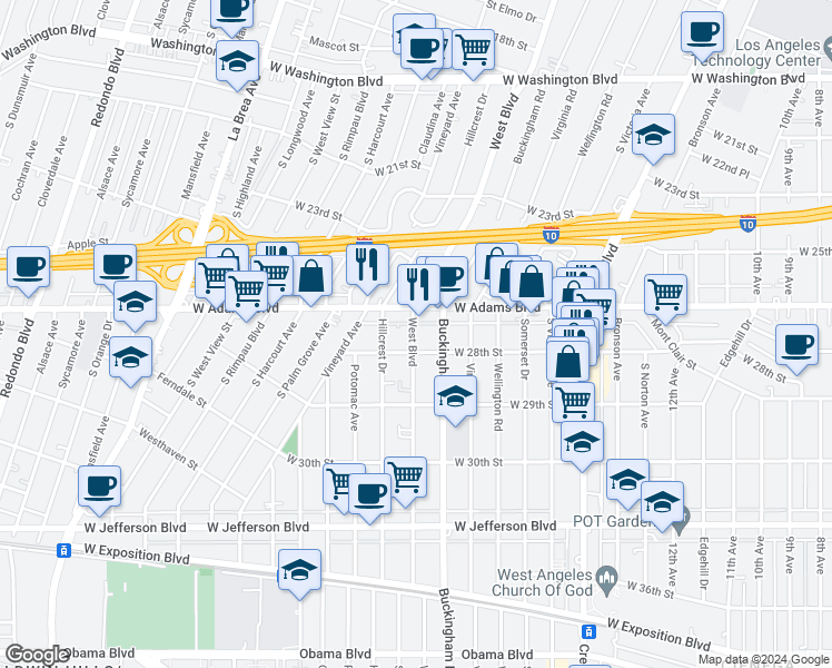 map of restaurants, bars, coffee shops, grocery stores, and more near 2617 Buckingham Road in Los Angeles