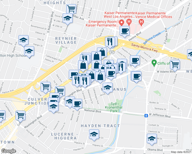 map of restaurants, bars, coffee shops, grocery stores, and more near 3219 McManus Avenue in Los Angeles