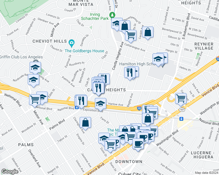 map of restaurants, bars, coffee shops, grocery stores, and more near in Los Angeles
