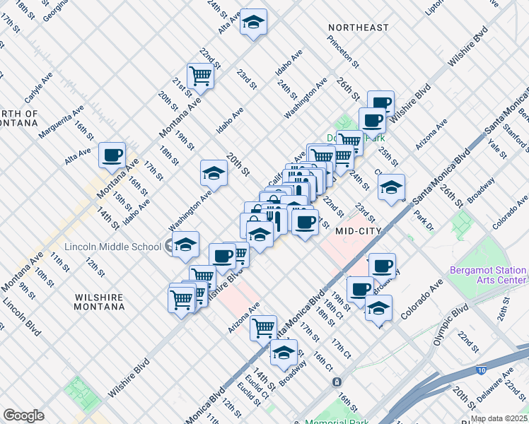map of restaurants, bars, coffee shops, grocery stores, and more near 1107 19th Street in Santa Monica