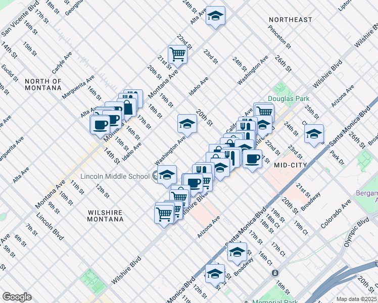 map of restaurants, bars, coffee shops, grocery stores, and more near 1014 18th Street in Santa Monica