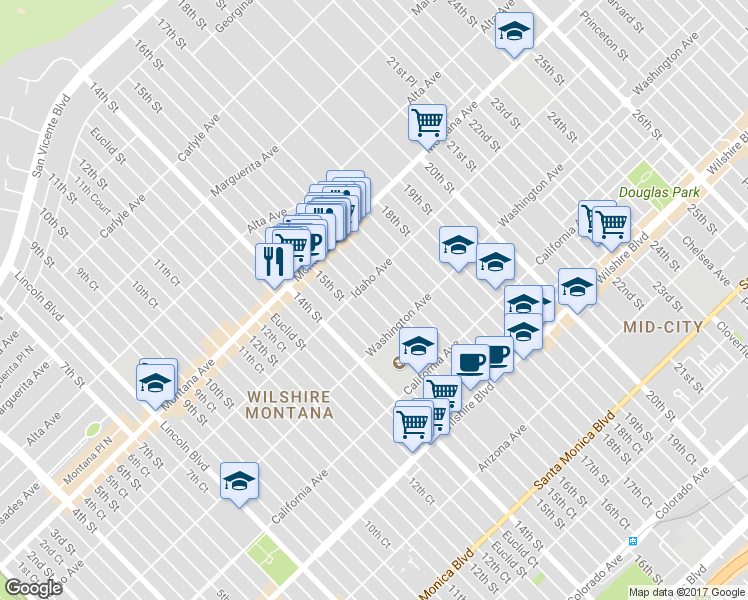 map of restaurants, bars, coffee shops, grocery stores, and more near 923 16th Street in Santa Monica