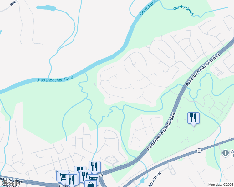 map of restaurants, bars, coffee shops, grocery stores, and more near 2130 Woods River Lane in Duluth