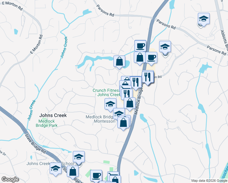 map of restaurants, bars, coffee shops, grocery stores, and more near 10365 Medridge Circle in Alpharetta